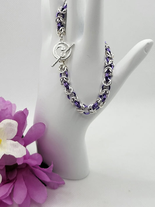 Silver and purple chain mail braclet