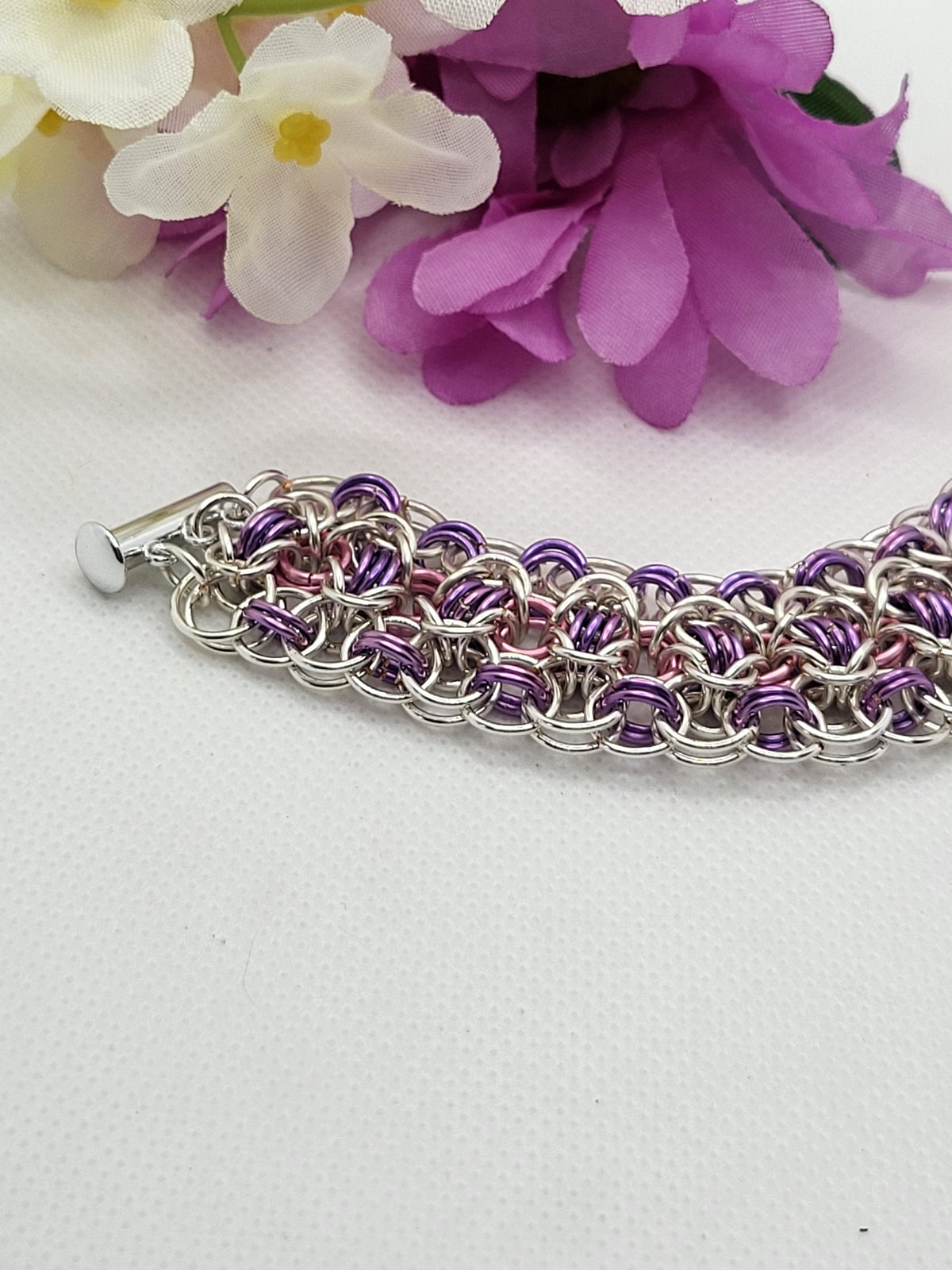 Purple, pink, and silver chain mail bracelet