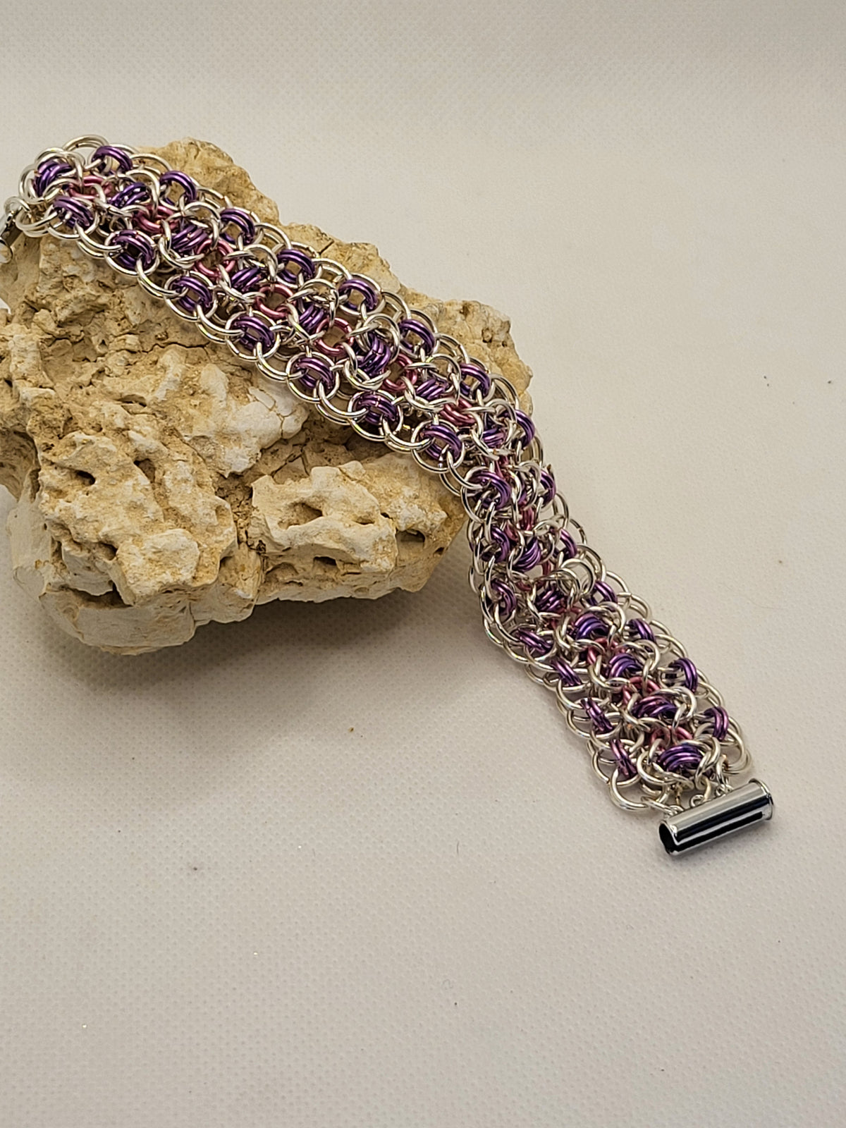 Purple, pink, and silver chain mail bracelet