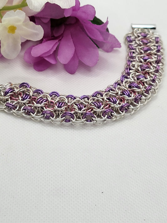 Purple, pink, and silver chain mail bracelet