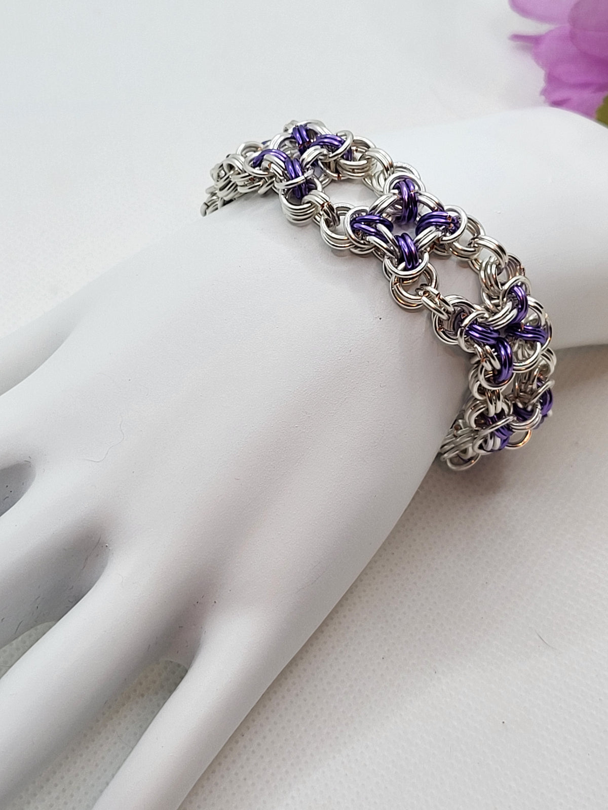 Purple and silver chain wide bracelet