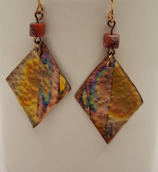 Flame Colored Triangle Copper Earrings