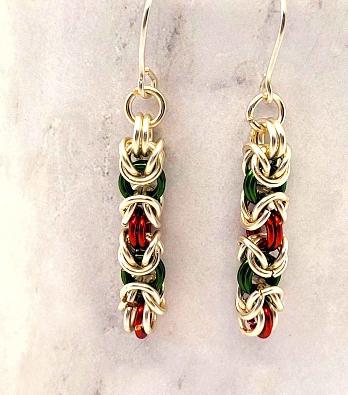 Red, Green, and Silver Chain Mail Earrings