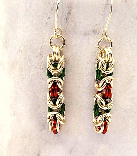 Red, Green, and Silver Chain Mail Earrings
