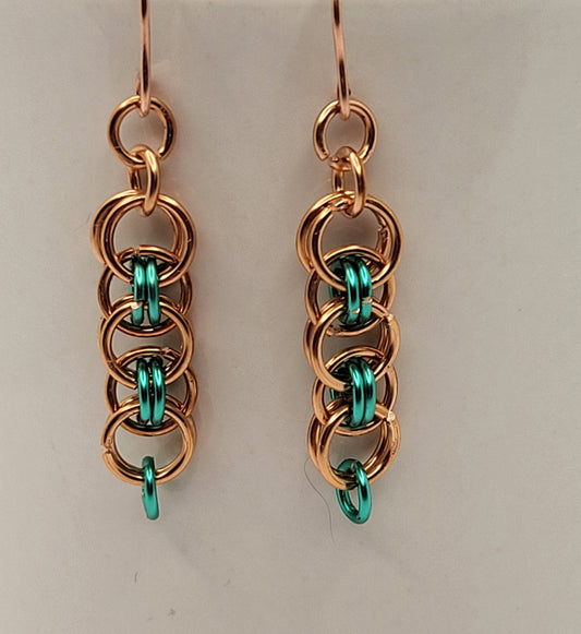 Copper and Blue Chain Mail Earrings