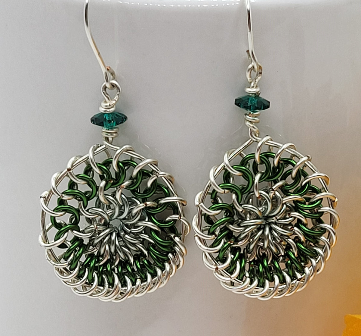 Green Circle Chain Mail Earrings