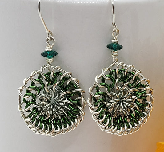 Green Circle Chain Mail Earrings