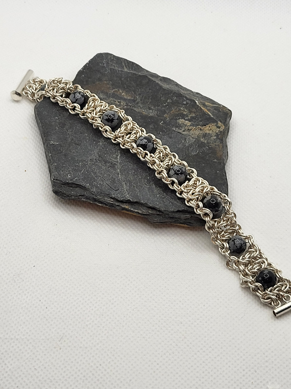 1/2 Inch Chain Mail Bracelet with Grey Beads
