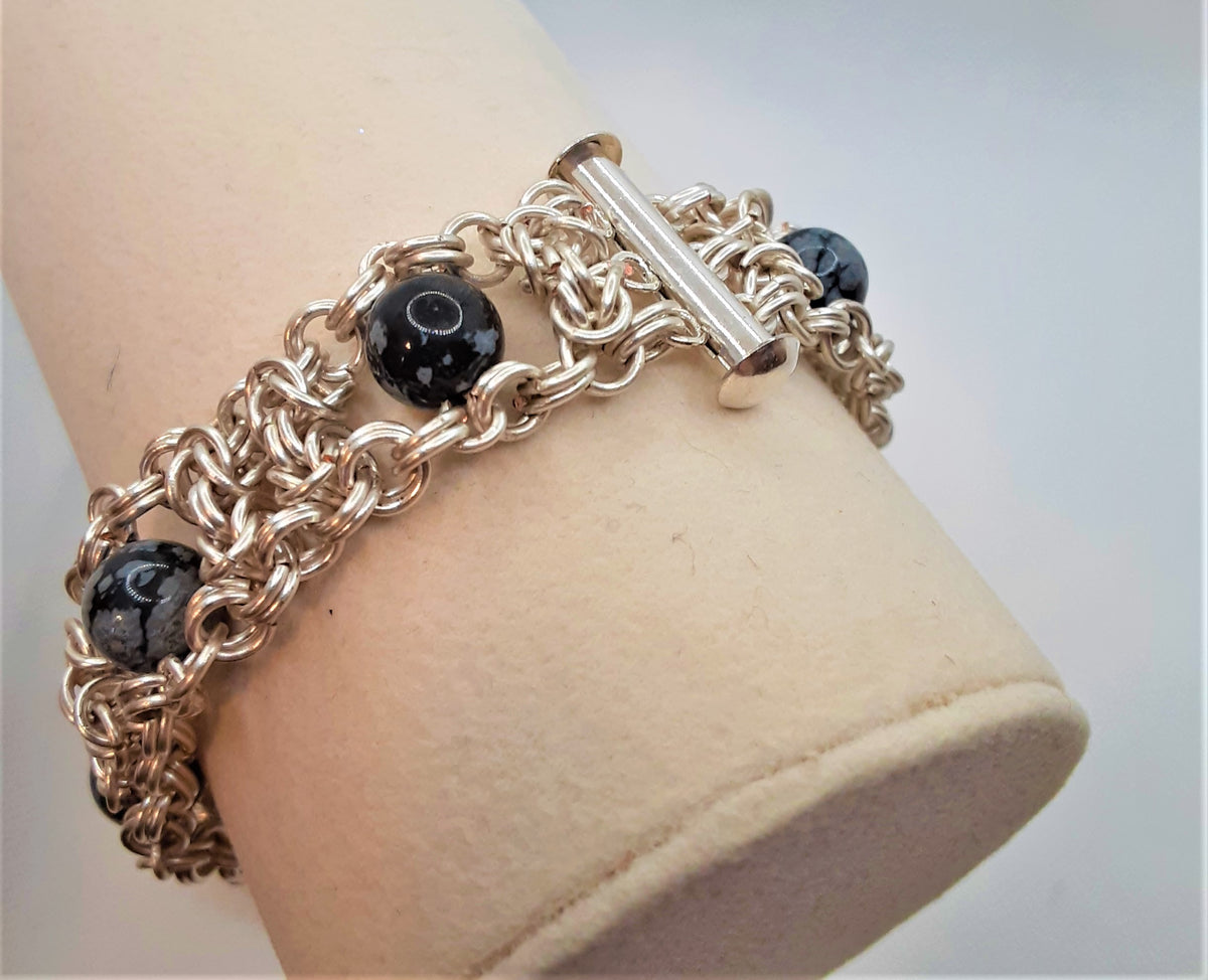 1/2 Inch Chain Mail Bracelet with Grey Beads