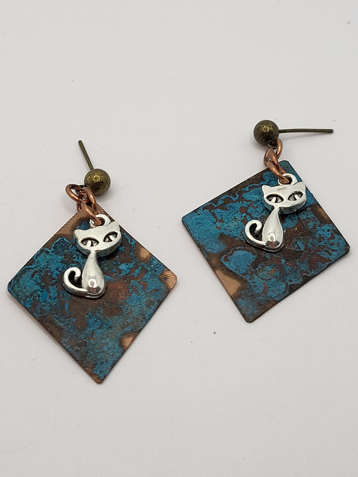 Copper Earrings with Blue Patina and Cats