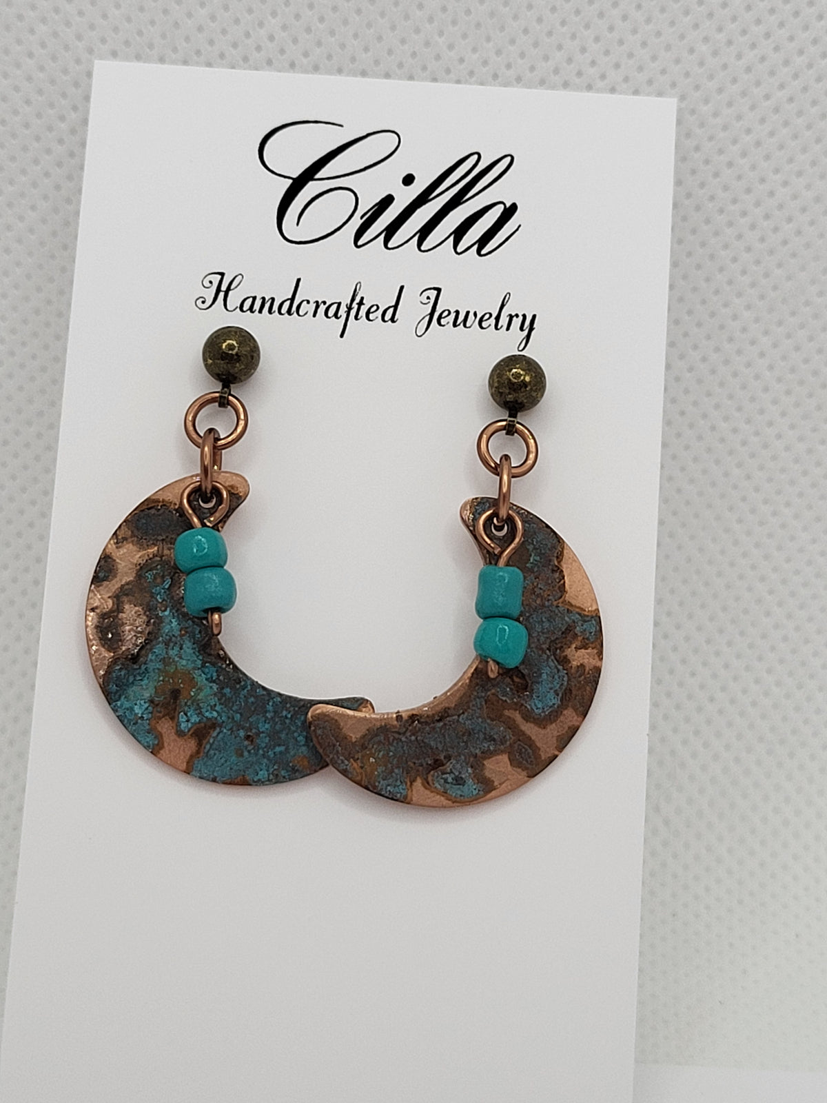 Half Moon Copper Earrings with Blue Patina