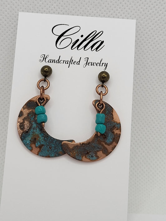 Half Moon Copper Earrings with Blue Patina