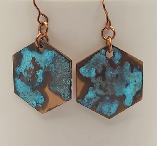 Hexagon Shaped Copper Earrings with Patina