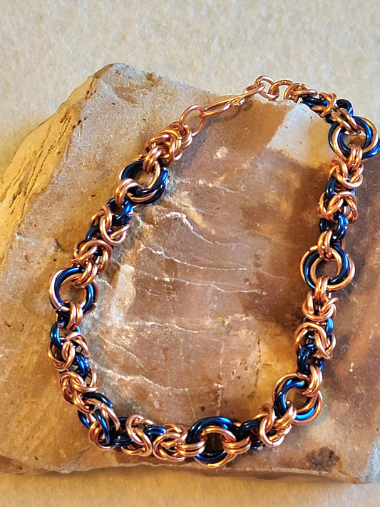 Copper and Blue Chain Mail Bracelet