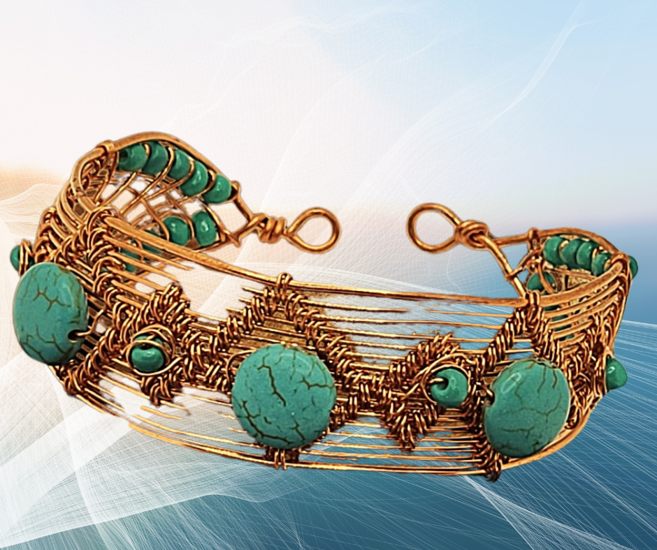 One Inch wide Copper Cuff with Howlite beads