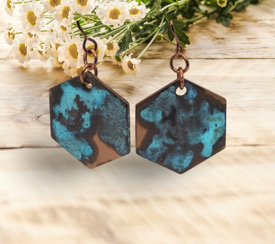 Hexagon Shaped Copper Earrings with Patina