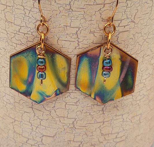 Flame colored hexagon shaped earrings