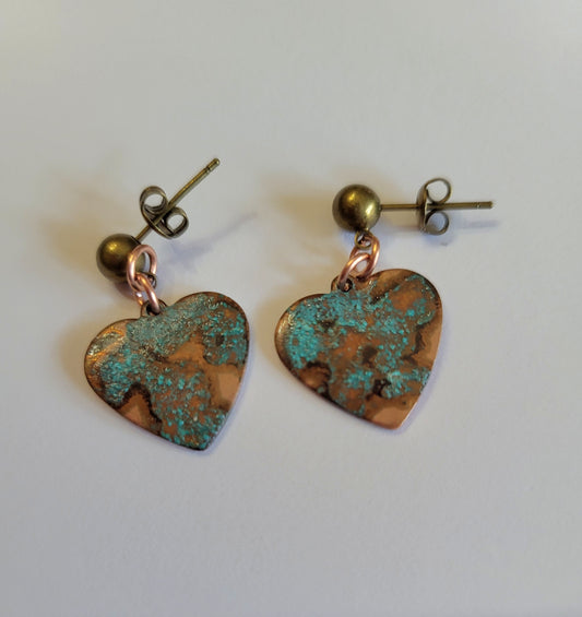 Heart Shape Copper Earrings with Patina Finish
