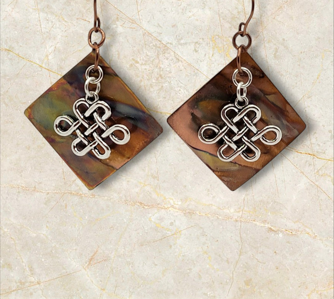Flame Colored Copper Earrings with Celtic Charm