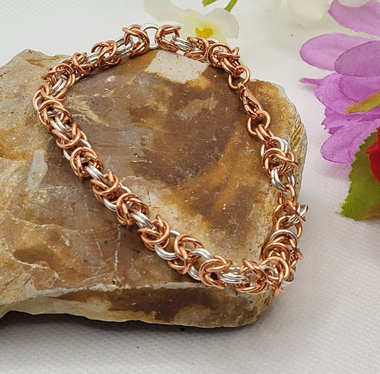 Copper and silver chain mail bracelet