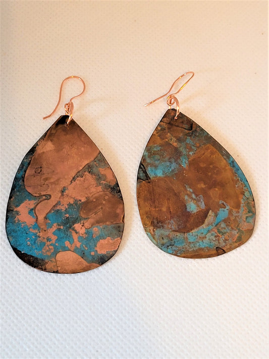 Teardrop shaped oxidized copper earrings