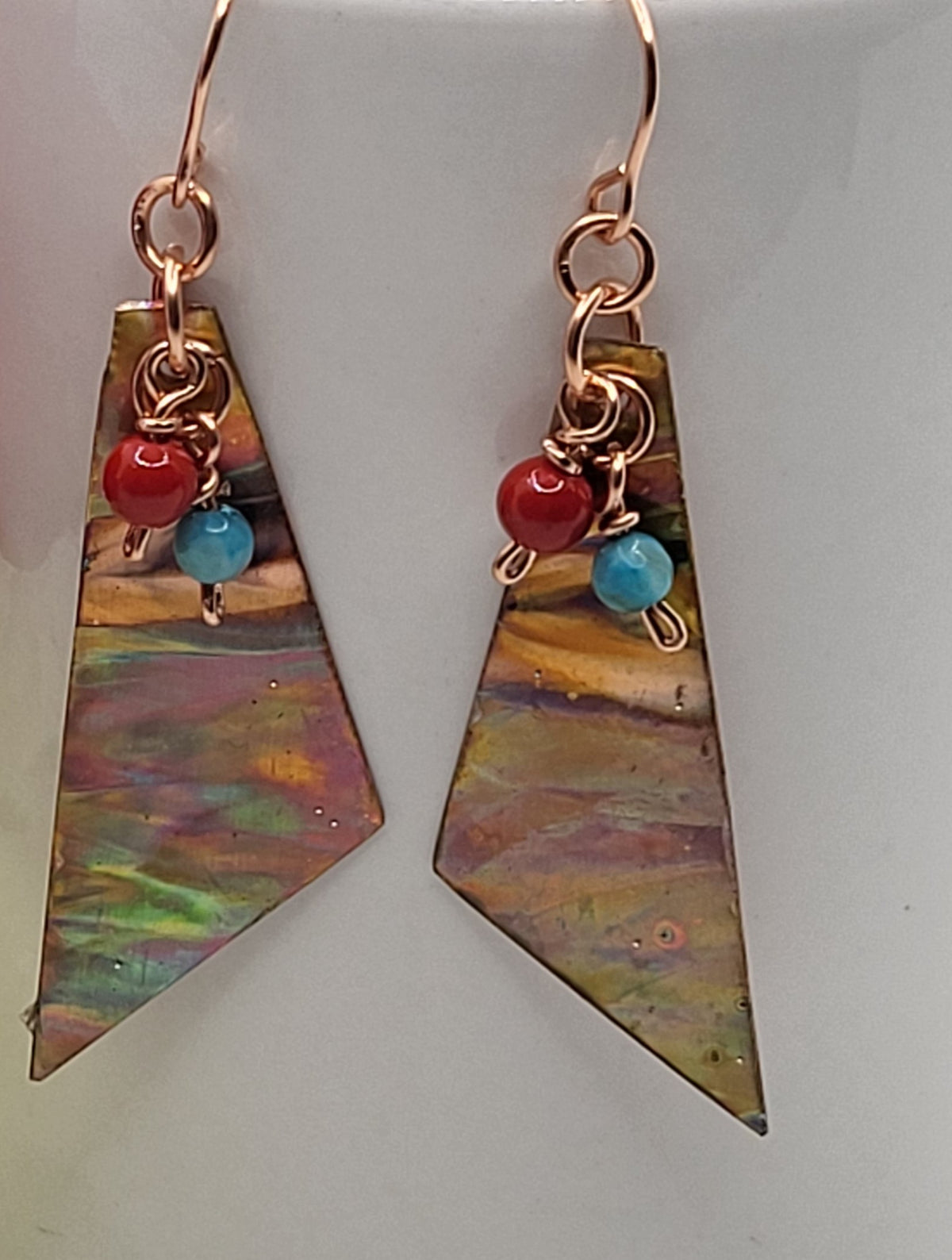 Triangle shape flame painted copper earrings