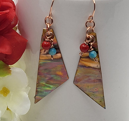 Triangle shape flame painted copper earrings