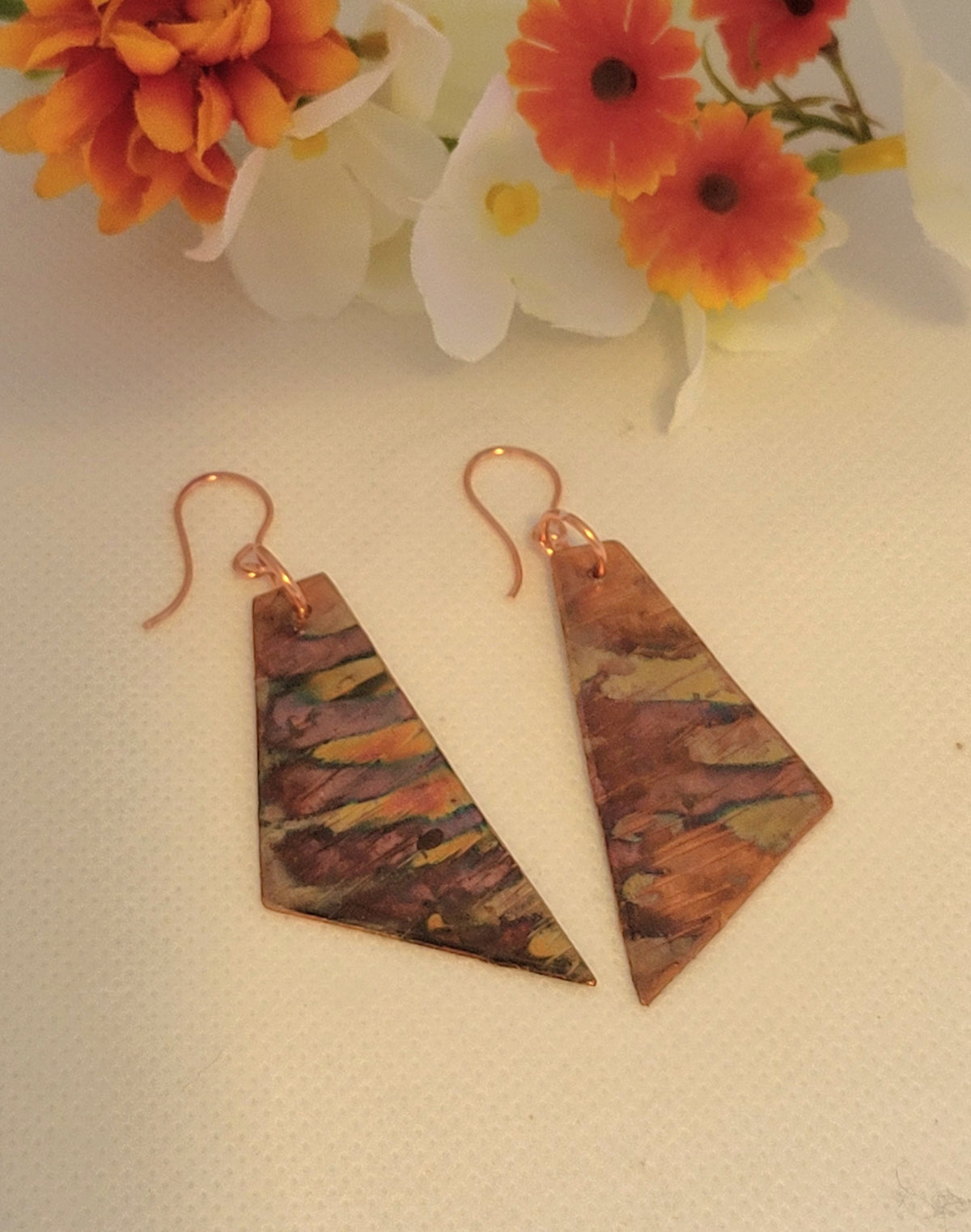 Triangle flame painted copper earrings