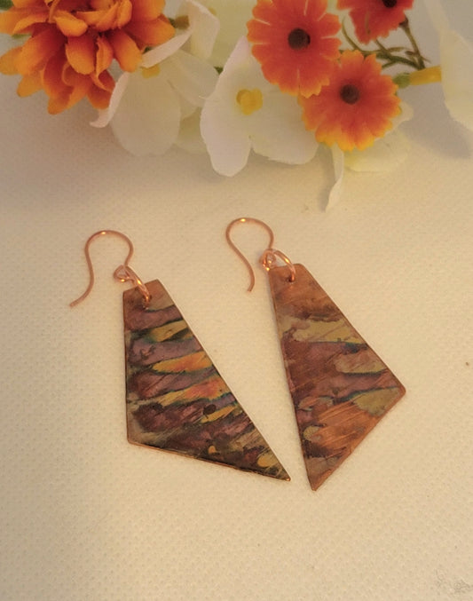 Triangle flame painted copper earrings