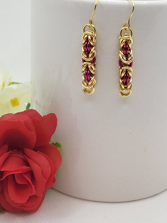 Red and Gold Chain Mail Earrings
