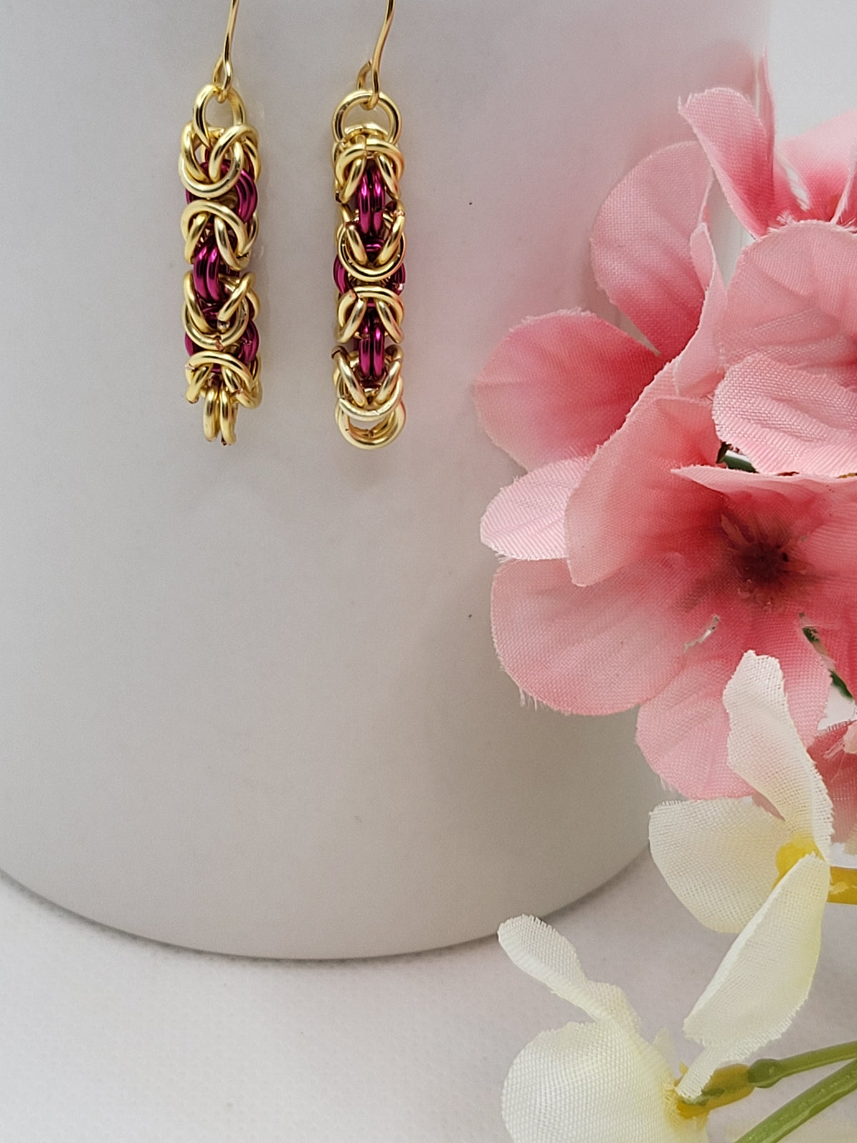 Red and gold chain mail earrings
