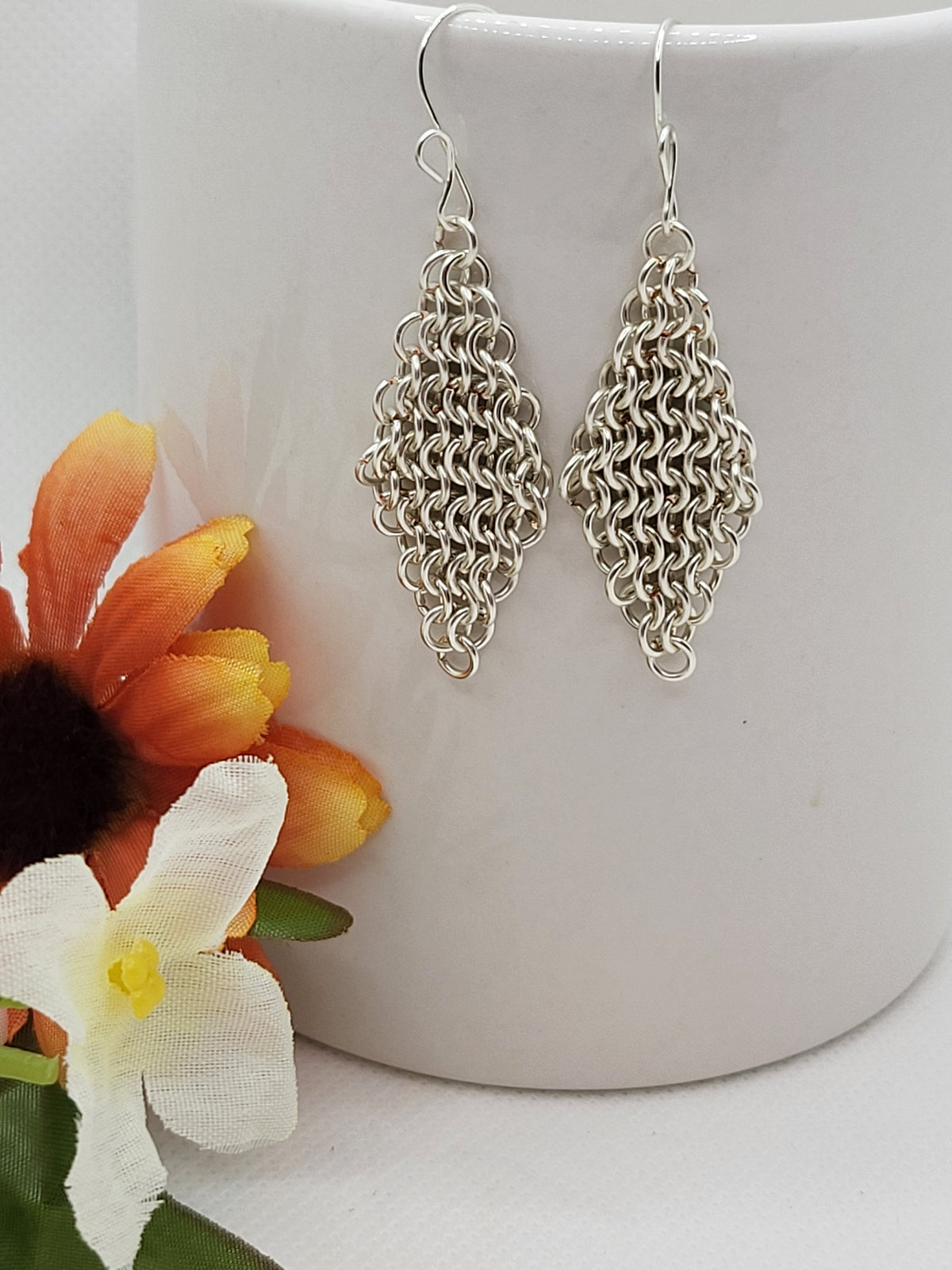 Silver diamond shaped  chain mail earrings