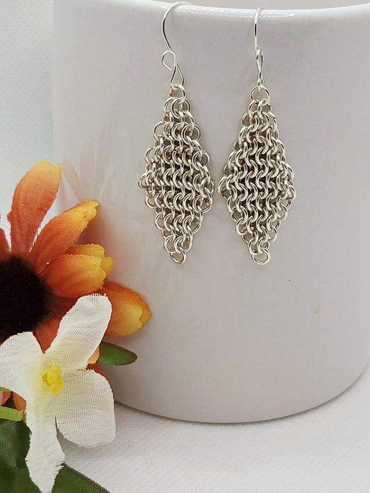 Silver diamond shaped  chain mail earrings
