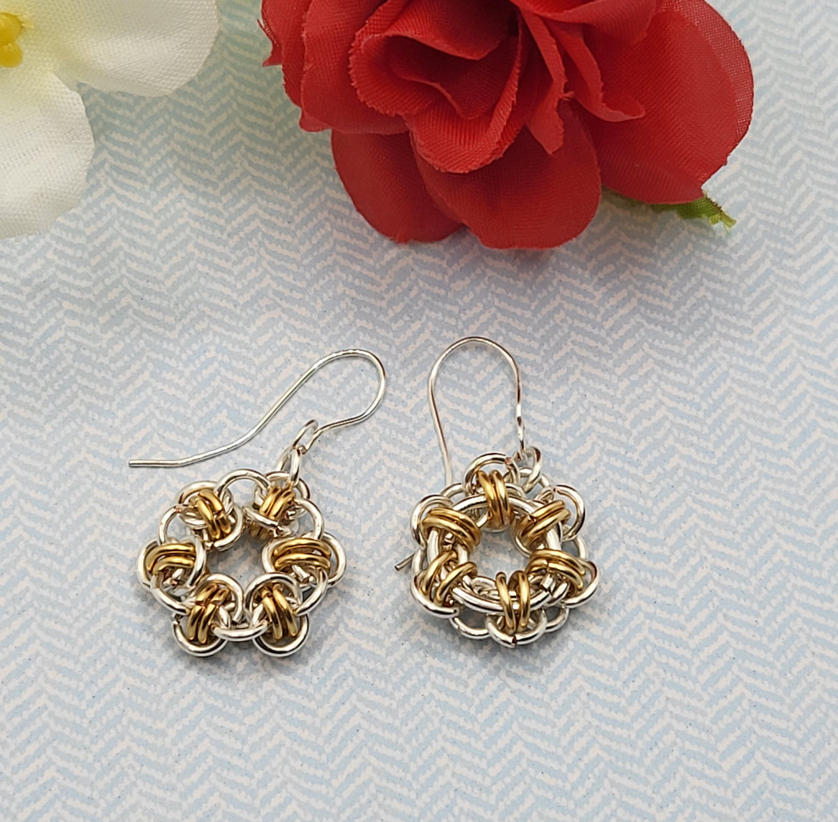 Circle gold and silver chain mail earrings