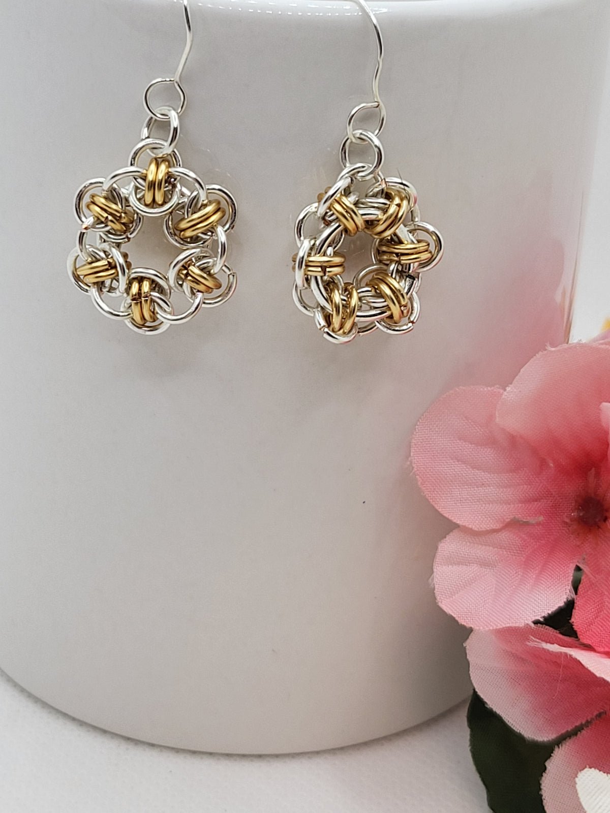 Circle gold and silver chain mail earrings