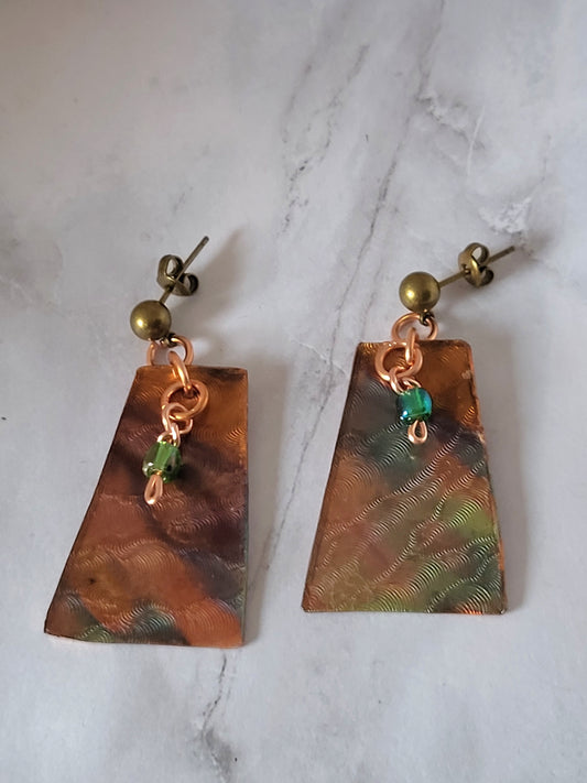 Patterned Flame Colored Copper Earrings