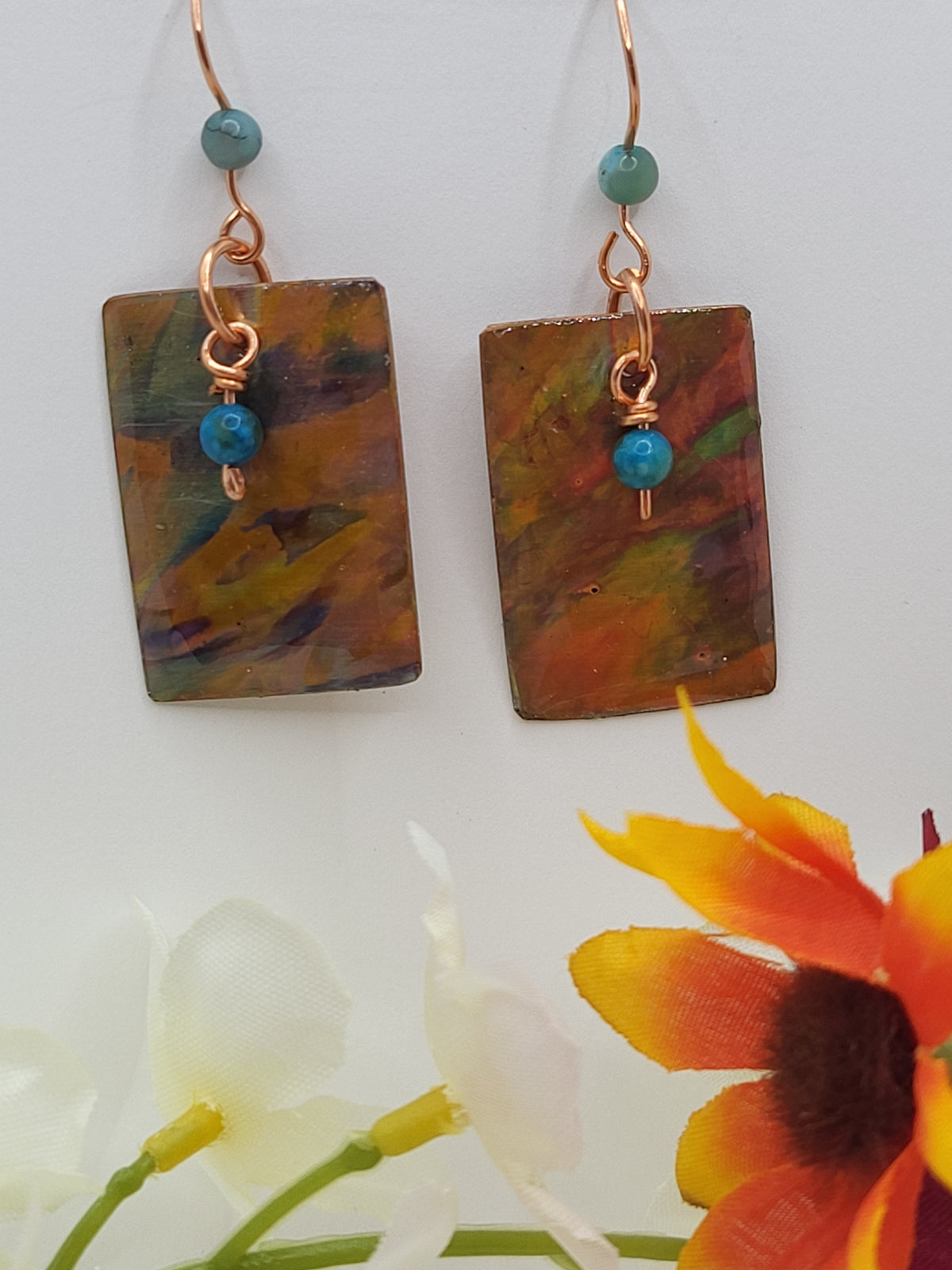 Flame Painted Copper Rectangle Earrings