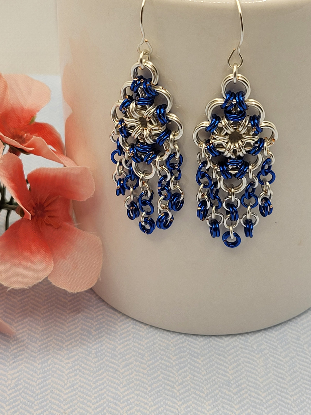 Blue and Silver Chain Mail Earrings