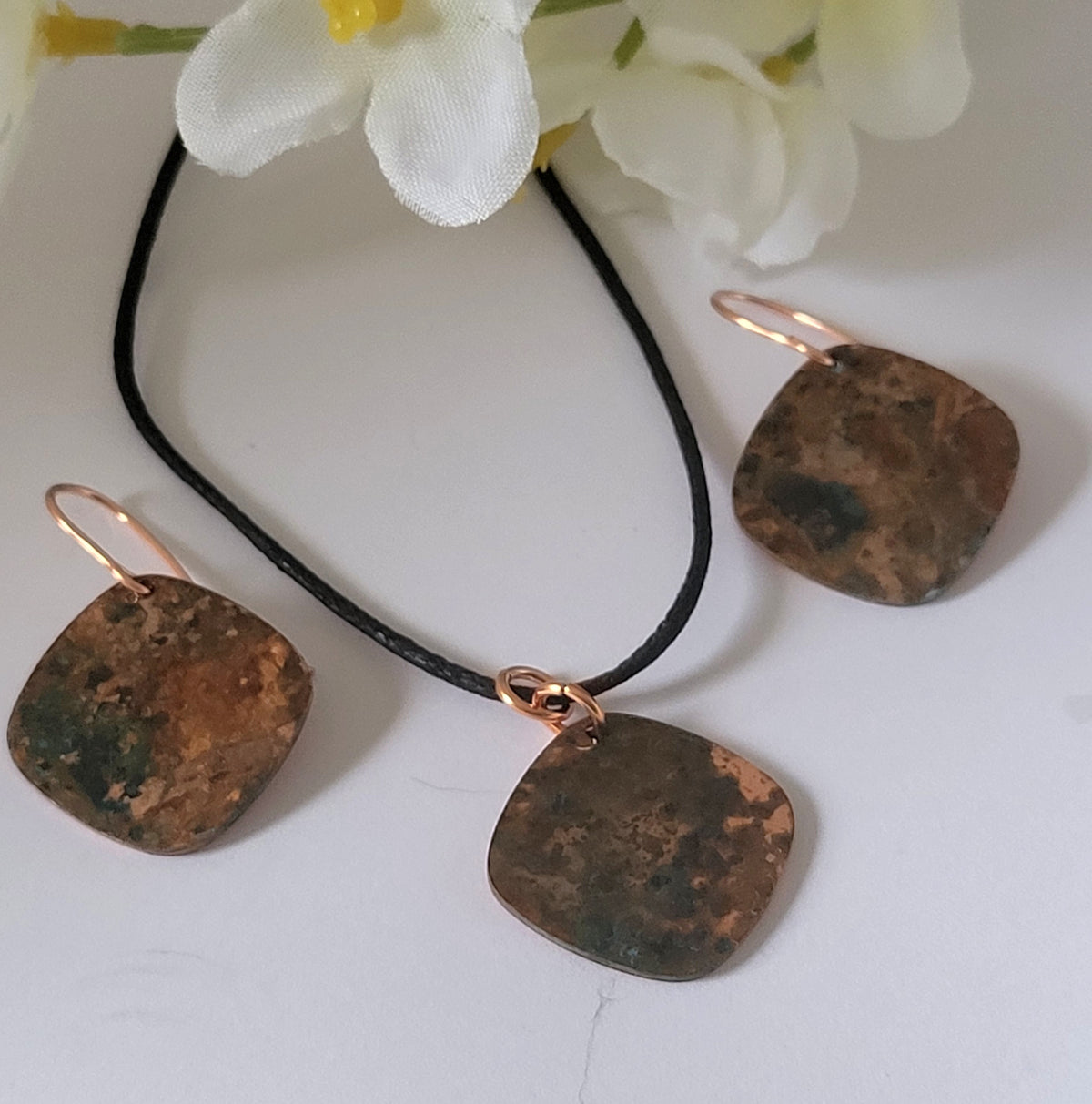 Oxidized Copper Earrings and Necklace