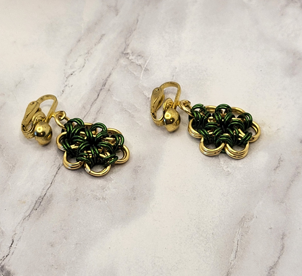 Green and Gold Clip On Earrings