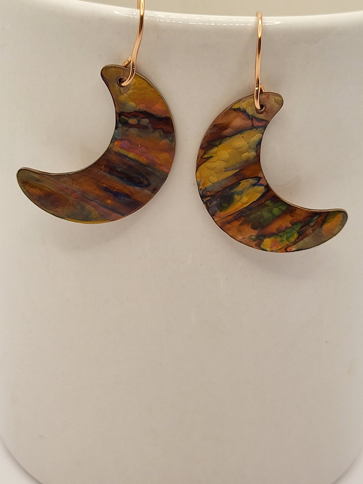 Flame Painted Crescent Copper Earrings