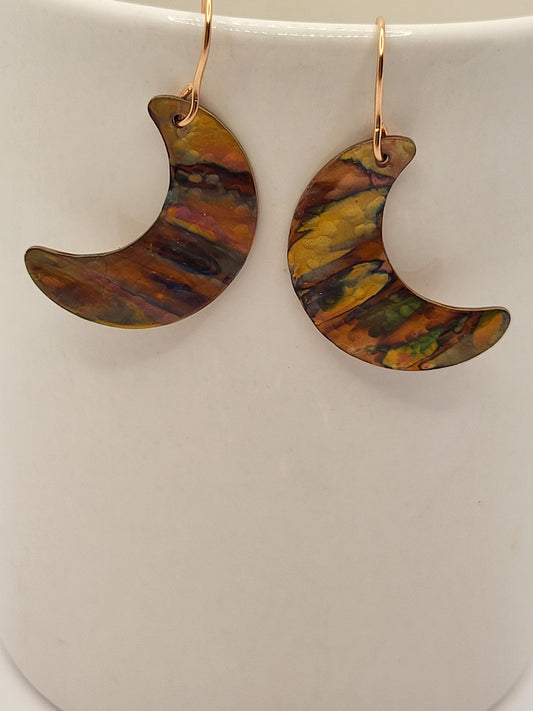 Flame Painted Crescent Copper Earrings