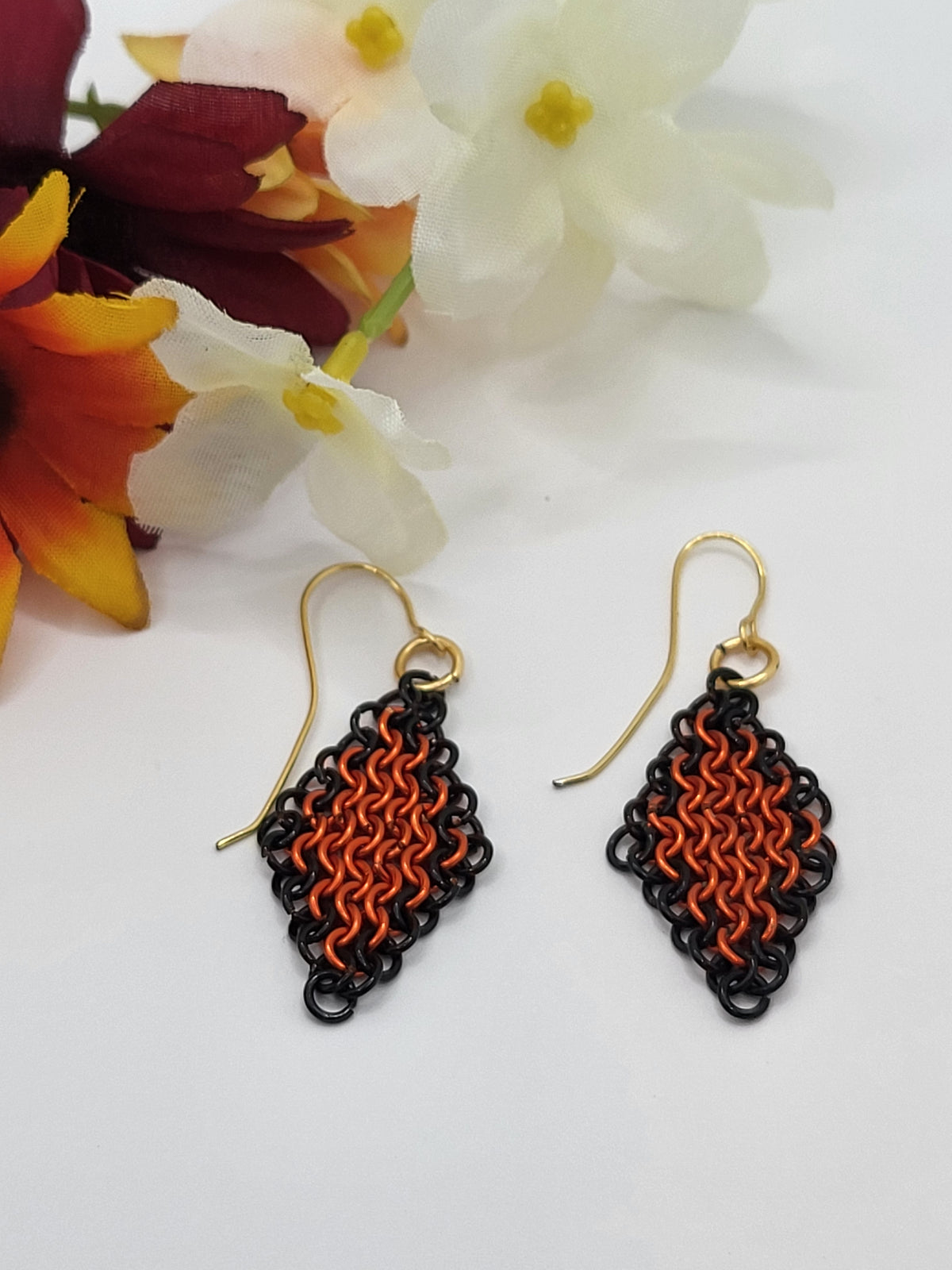 Orange and Black chain mail earrings