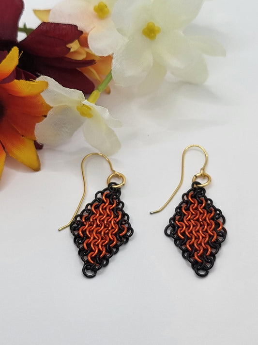 Orange and Black chain mail earrings