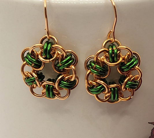Copper and Green Chain Mail Circle Earrings