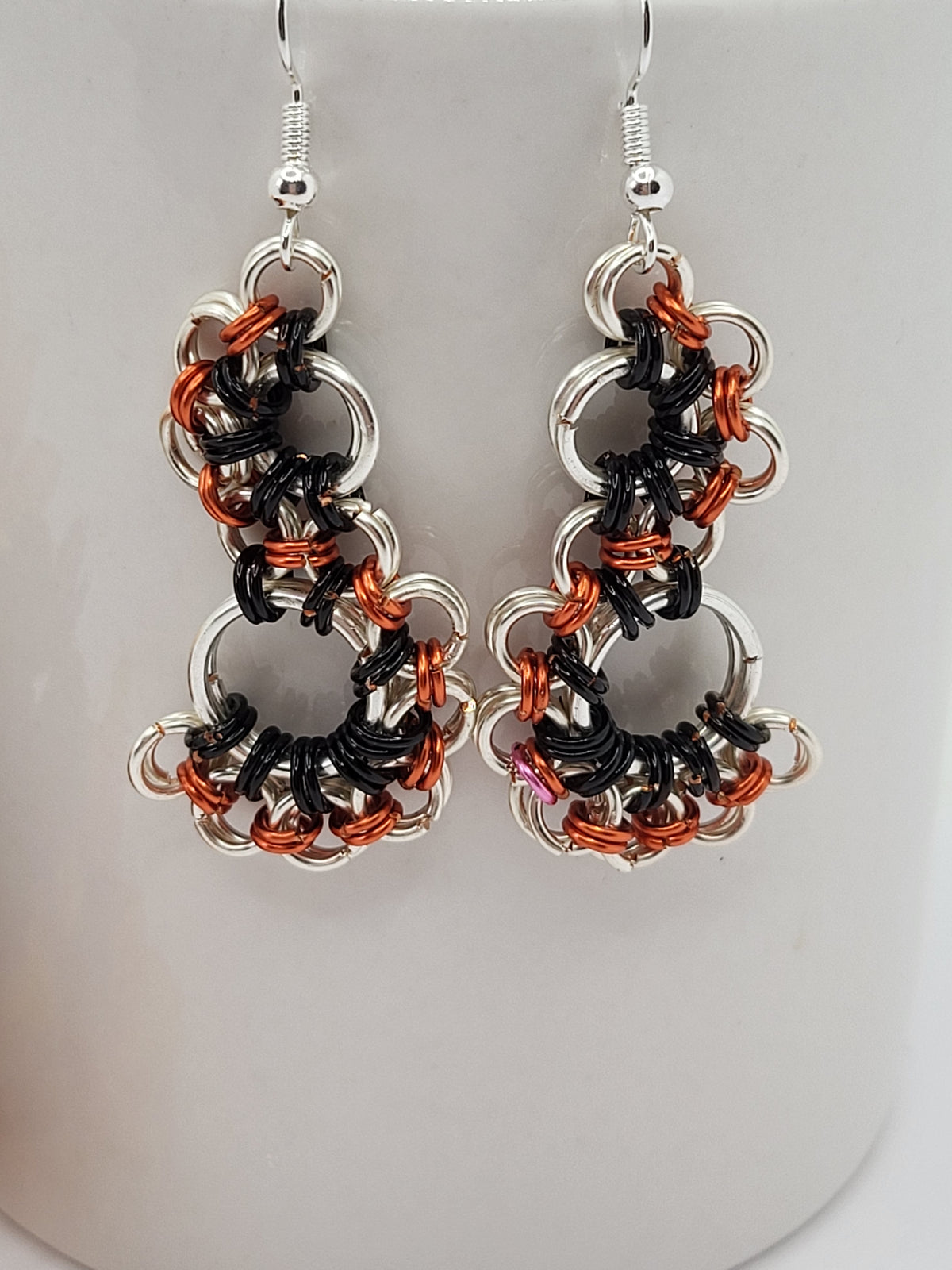 Black, Orange, and Silver Chain Mail Earrings