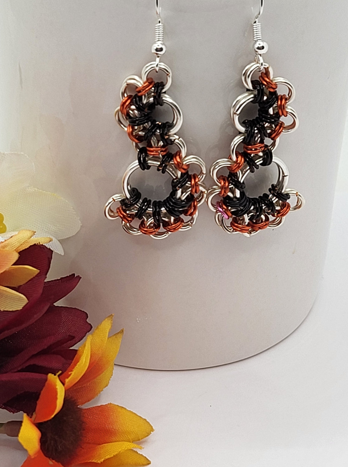 Black, Orange, and Silver Chain Mail Earrings