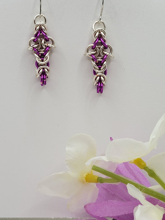 Fuchsia and Silver chain mail earrings