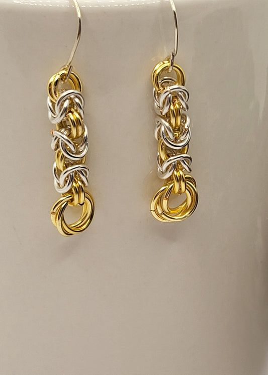 Silver and gold chain mail earrings