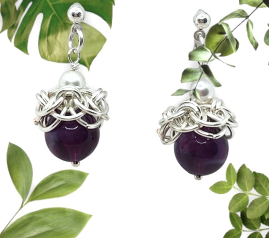 Silver Chain mail earrings with large purple beads